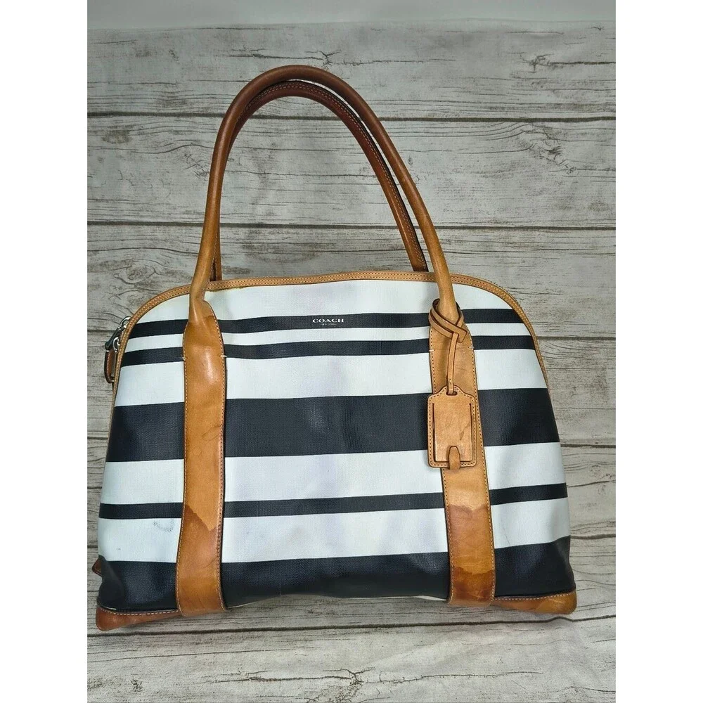 COACH Bleecker Striped Preston Satchel F30173 Black White Leather Trim Vintage